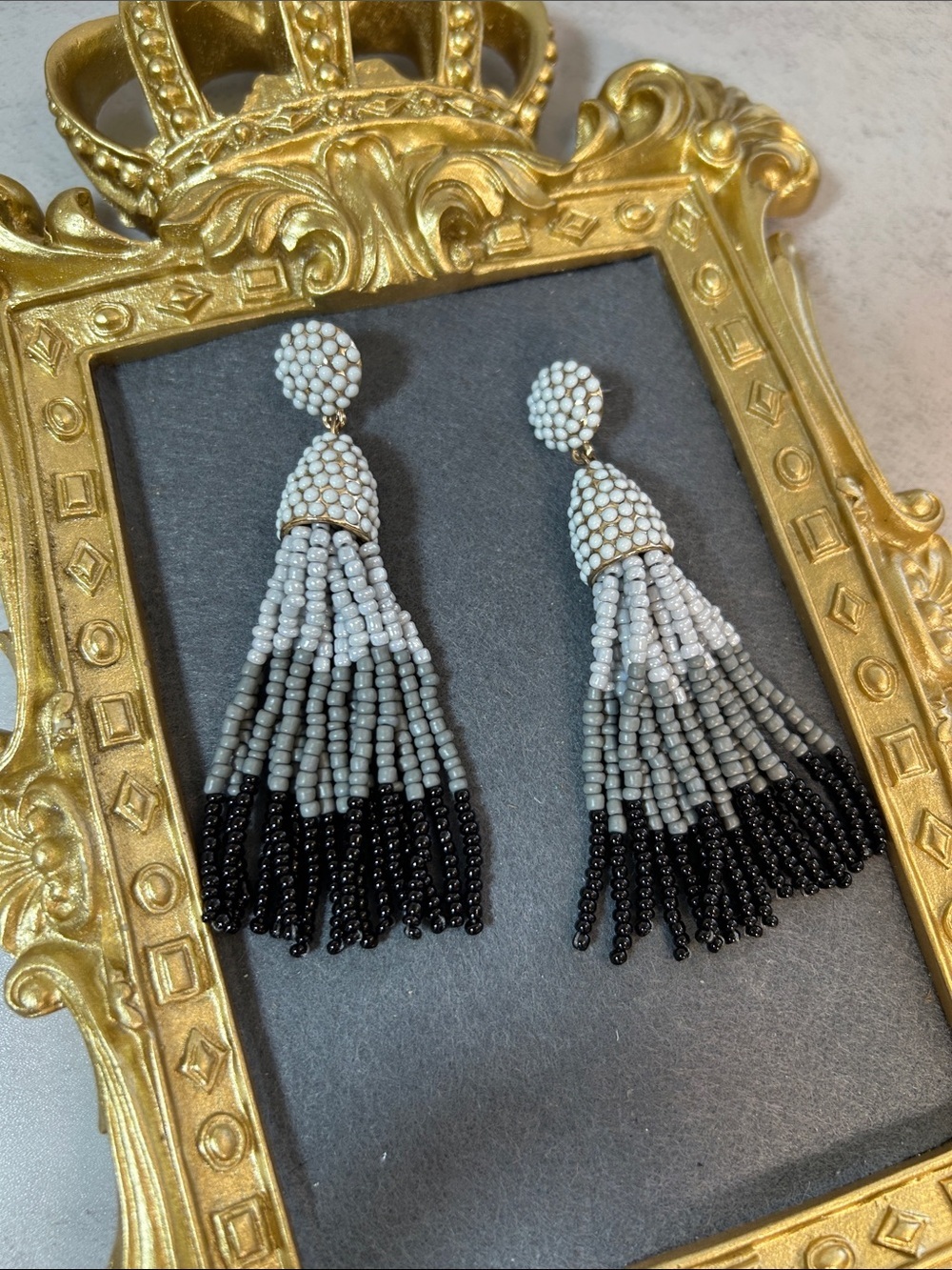 BaubleBar Two-Tone Beaded Tassel Drop Earrings — White, Gray & Black